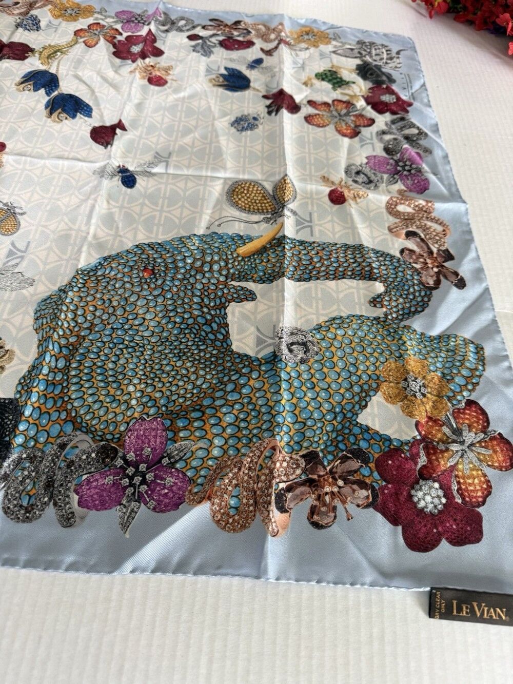LE VIAN Silk Scarf “Through The Centuries” Italy MSRP $500 Light Blue Jewels Gar - Picture 16 of 16